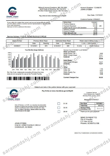 USA Arizona Chandler Utilities bill template in Word and PDF format